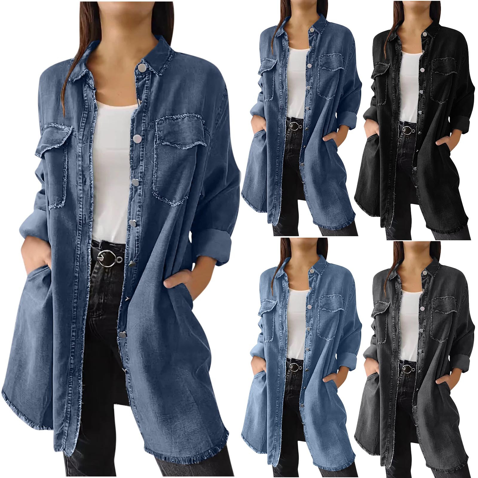 Womens Classic Long Jean Jacket Plus Size Loose Long Sleeve Women’s Oversized Button Frayed Hem Lightweight Denim Jean Jacket, S-5XL
